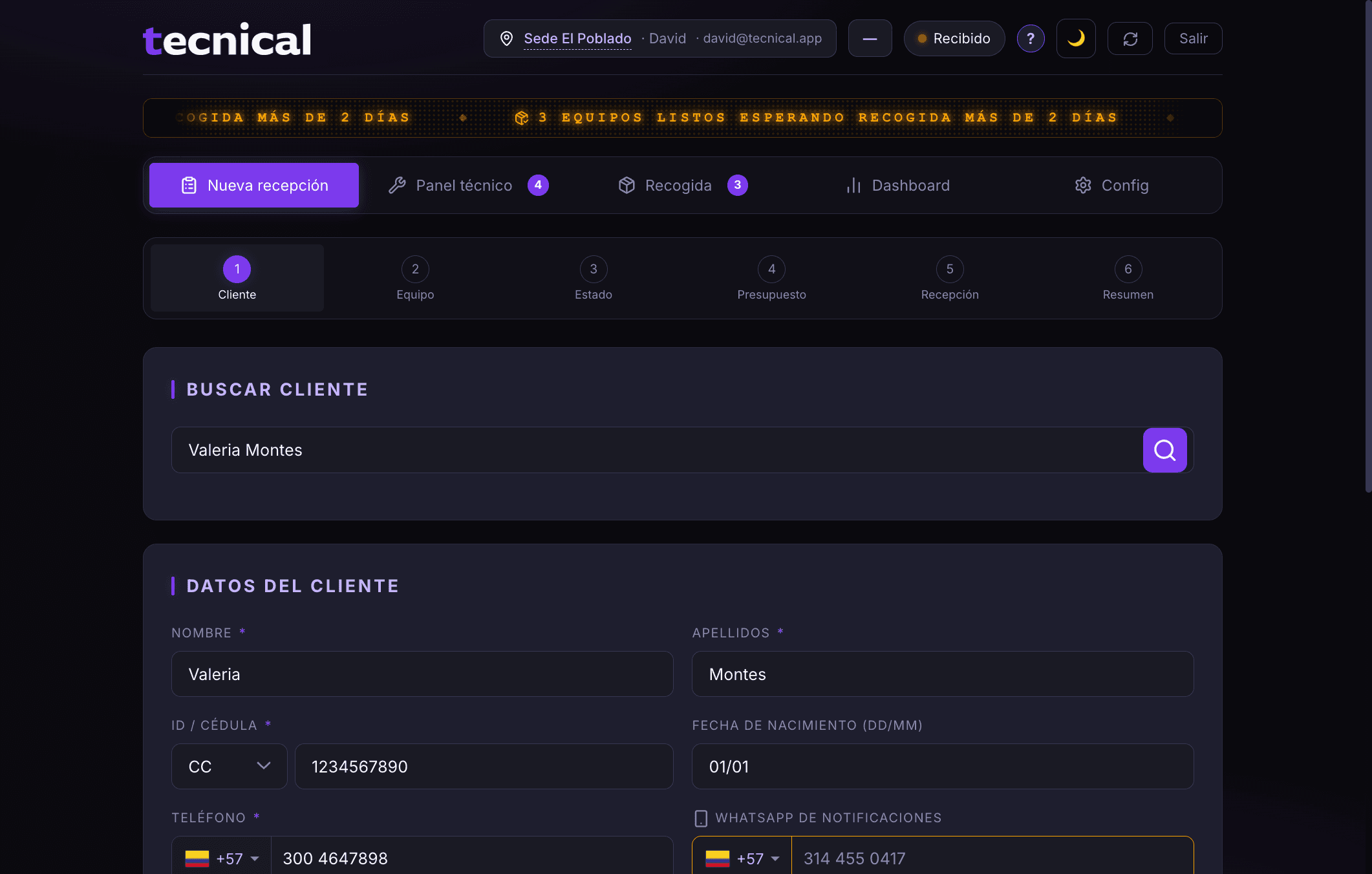 Vista de recepción de tecnical.app con orden activa, datos del cliente y flujo completo del proceso.