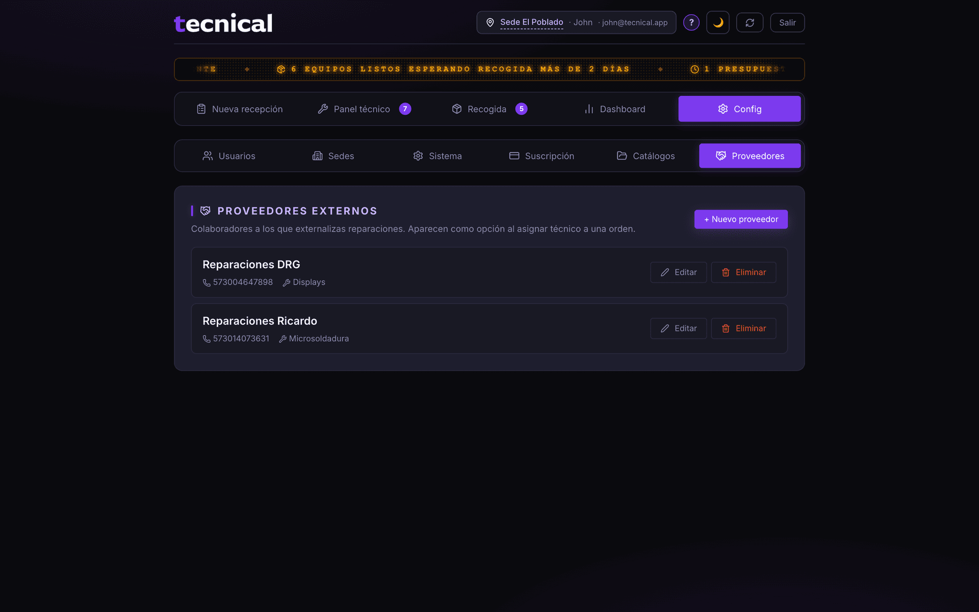 Panel de proveedores externos en tecnical.app